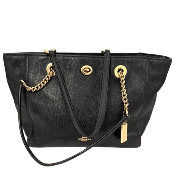 Coach Turnlock Chain Tote Bag Shoulder #57107 Purse Pebbled Leather Black Gold - Picture 2 of 11